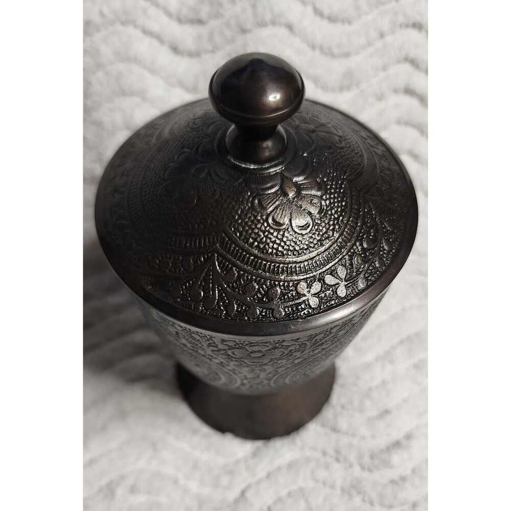 BEAUTIFUL Vintage 3pc BRONZE AntiqueBrass ETCHED 5"TrinketBox Lid 4"Saucer INDIA - Picture 10 of 16